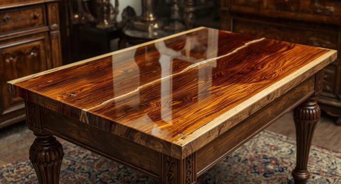 Antique vintage wooden furniture including a resin and varnish table with light reflections