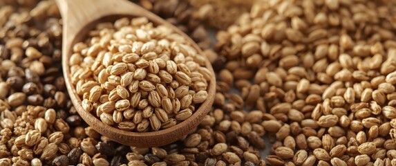 Fototapeta premium Healthy buckwheat groats on wooden spoon surrounded by various grains showing natural texture and nutritious content