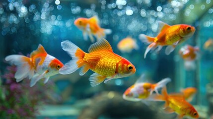 Obraz premium Single goldfish leading school through clear aquarium water