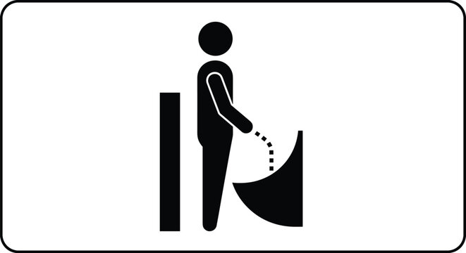 Male Restroom Urinal Sign Vector Icon with Man Silhouette Using Public Toilet Facility Isolated on White Background for Information Signage