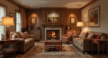 Fototapeta premium snug sitting room designed with supportive furniture and comforting warm illumination
