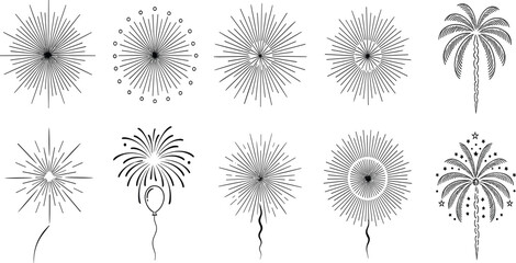 Obraz premium Fireworks Burst Vector Set in Black Featuring Star Explosion Shapes, Palm Style Fireworks, and Decorative Celebration Elements for Festive Events and Holiday Design Projects.