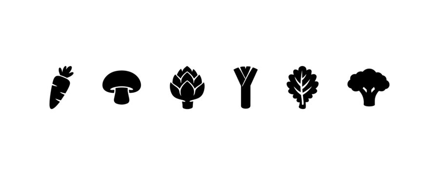 Vegetable icons set carrot mushroom broccoli silhouettes