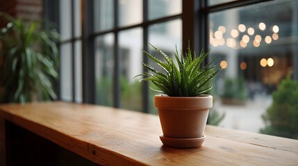 Fototapeta premium A potted aloe vera plant rests on a wooden ledge by a window with blurred city lights in the background