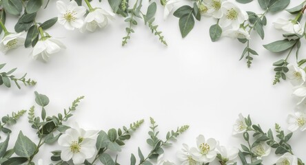 Fototapeta premium Graceful white blooms with eucalyptus and ferns on a white backdrop highlighting copy space for natural remedies themes