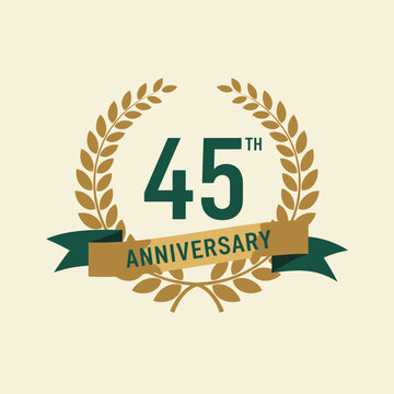 A 45th anniversary logo featuring a golden laurel wreath, a green banner, and the number 45 with 'TH' superscript.