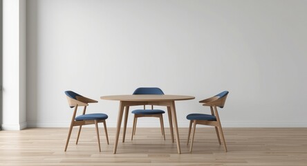 Fototapeta premium Minimalist dining room featuring a round wooden table, blue and wood chairs, wooden floor, and blank wall section
