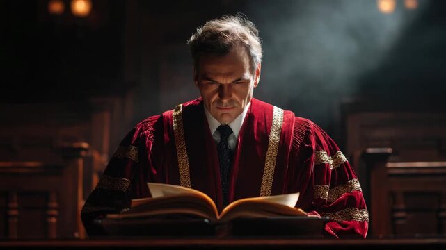 Male judge in red robe reads from a large book in a dimly lit courtroom, wooden benches and soft lighting creating a solemn atmosphere