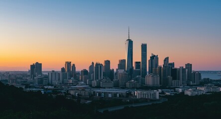 Obraz premium colorful city skyline featuring towering skyscrapers at sunset