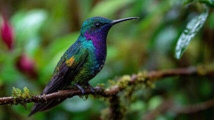 Fototapeta premium Hummingbird perched on mossy branch in tropical rainforest