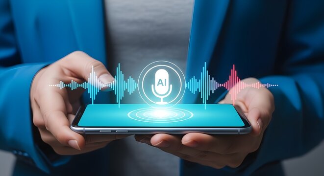 Person using AI voice assistant on smartphone with sound wave visualization