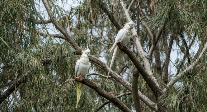 Long billed corella parrots native to Australia interacting on eucalyptus trees for conservation day