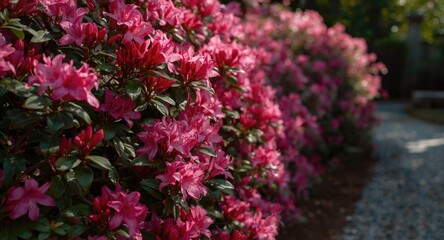 Obraz premium Pink azalea flowers flowering vibrantly along a garden trail