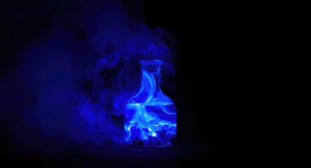 Fototapeta premium Mana replenishment potion glowing blue smoke inside bottle with witches brew and copy space
