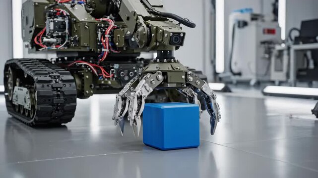 Robot interacting with blue cube technology.