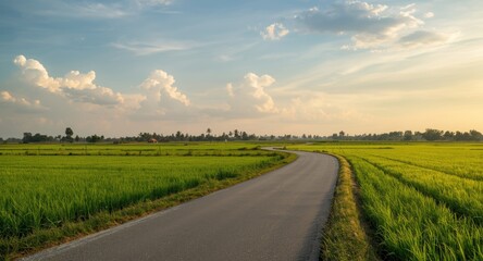 Fototapeta premium Rural scene with asphalt road bending through rich green rice fields beneath an engaging sky