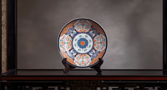 Decorative Imari ware plate on lacquer shelving unit with muted focus background for studio setting
