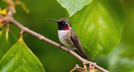 Fototapeta premium Mango hummingbird perched with a contrasting green leaf background