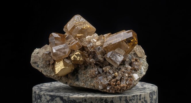 Geological rock specimen featuring barite and vanadinite crystal minerals on stone base