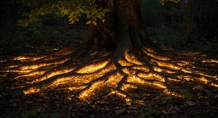 Obraz premium Ethereal nature setting with illuminated tree roots and sparkling golden light ambiance