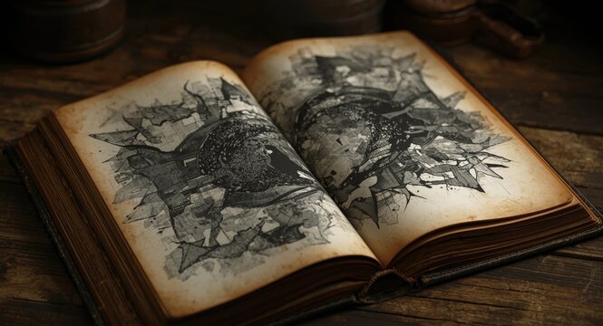 Black and white abstract textured artwork in a vintage book with aged paper background