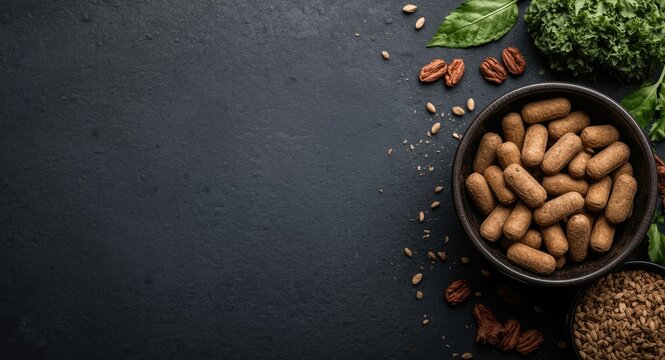 Dark themed background with vegan BCAA supplement bowl containing plant based elements and copy space