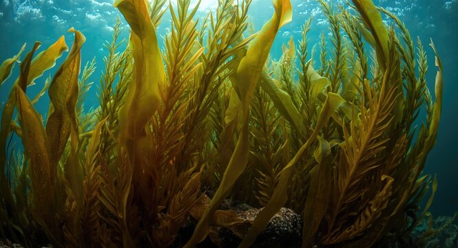 Brilliant underwater Macrocystis pyrifera kelp leaves offering space for text