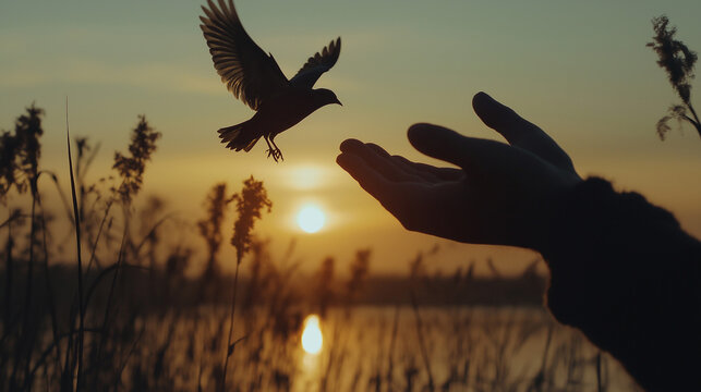 Silhouette of a Hand Reaching toward a Bird Flying over Water at Sunrise