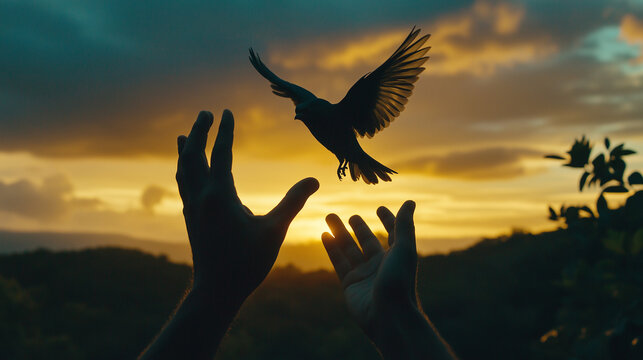 Pair of Hands Freeing a Flying Bird against a Warm Sunrise Sky in Golden Hour