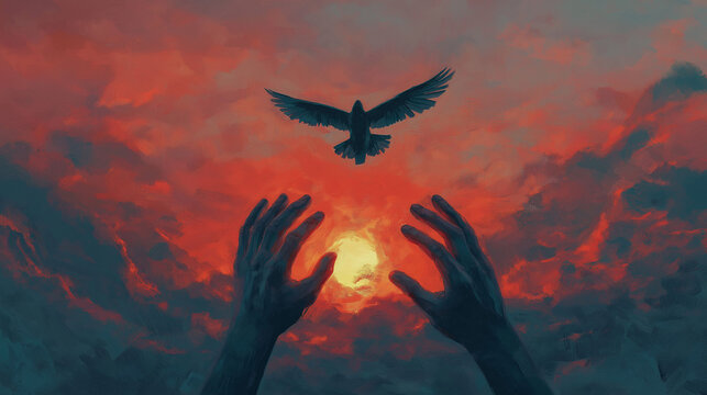 Silhouette of Hands Reaching toward a Flying Bird against a Dramatic Sunset Sky