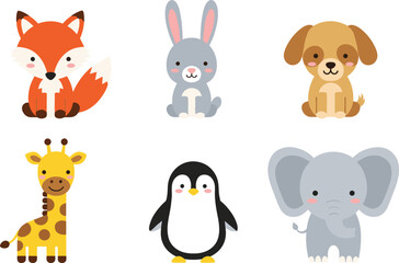 Naklejka premium Cute Cartoon Animal Set Featuring Fox, Rabbit, Dog, Giraffe, Penguin, and Elephant Characters for Kids Nursery Design, Education, and Wildlife Illustration Projects.