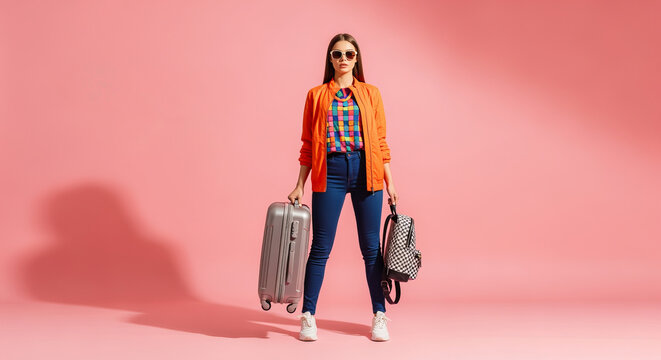 Excitable Young Lady Embarks on an Adventure, Ready for Summer Travels with Her Stylish Suitcase.