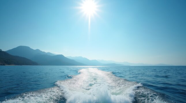 Boat wake on calm ocean water under bright sun and clear blue sky. Mountains visible on distant island shore. Peaceful travel and scenic seascape. 
