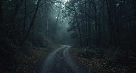 Obraz premium gloomy forest landscape featuring a dim dirt road curving softly