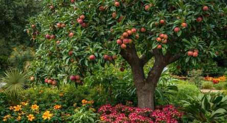 Fototapeta premium Fresh tropical garden with vivid flowers and a tall apple tree loaded with ripe fruits