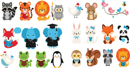 Obraz premium Cute Cartoon Animal Collection Featuring Fox, Elephant, Frog, Penguin, Owl, Rabbit, Cat, Panda and More Characters for Kids Education and Nursery Design Projects.