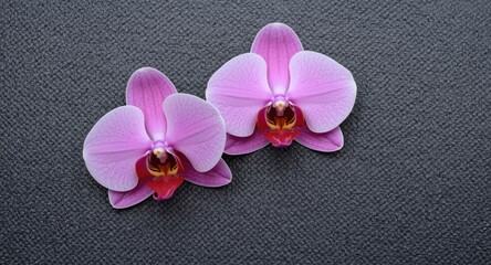 Fototapeta premium Orchids with pink petals positioned on a tactile textured surface conveying beauty and toughness