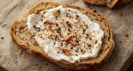 Naklejka premium Slice of sourdough bread covered in smooth spread and seasoning