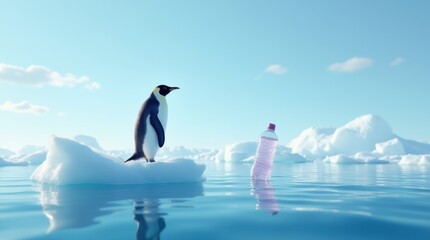 Fototapeta premium Penguin on iceberg next to ocean empty plastic bottle in arctic environment with blue sky, concept of pollution of nature and waste 