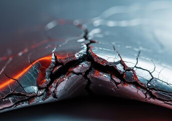 Abstract macro view of a metallic surface undergoing severe stress, showing the complex bending and structural failure of the material under intense pressure, complexity, metal, failure