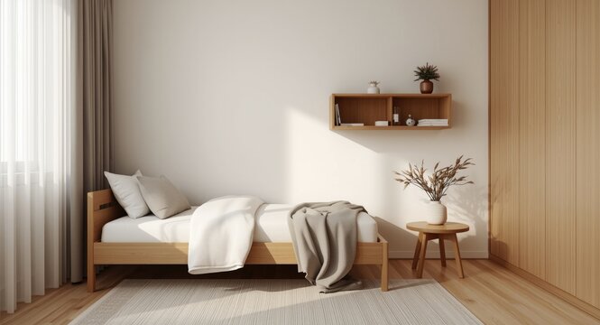 Cozy minimalist bedroom featuring a single bed and compact wall shelf
