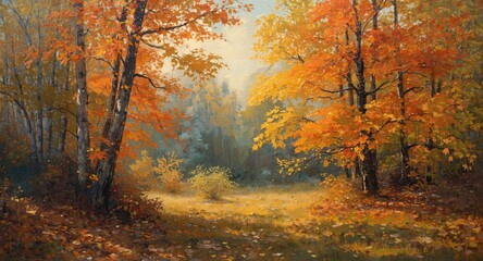 Obraz premium Fall colored woodland depicted through impressionist oil painting