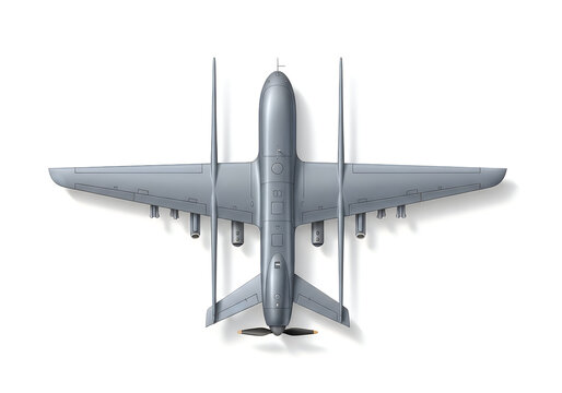 Aircraft viewed from the rear showcasing four-engine propeller design and tail structure
