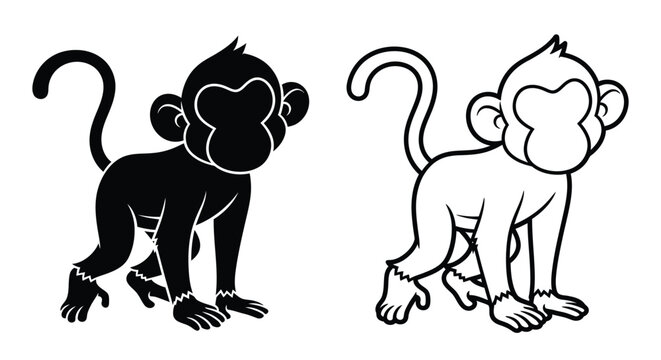 Two cartoon monkey illustrations one solid black one white outline