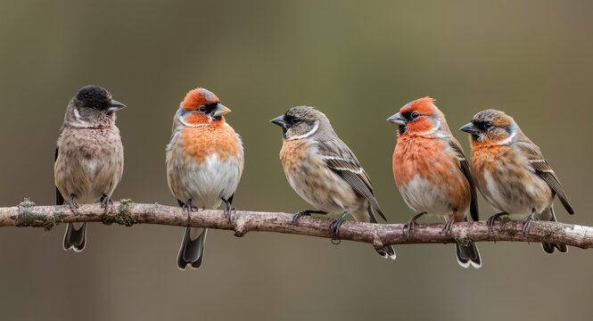 Five common rosefinches perched on twigs with distinct male and female colors