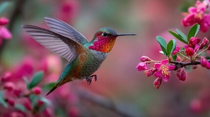 Fototapeta premium Hummingbird hovering near blossom in spring garden scene