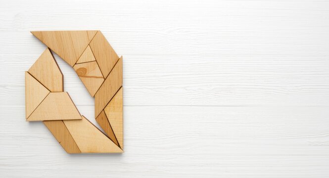 Geometric wood tangram puzzle featuring trapezium shapes on white wood backdrop copy space