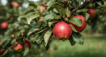 Obraz premium Ripened red apples prominently displayed on branches in a thriving apple orchard