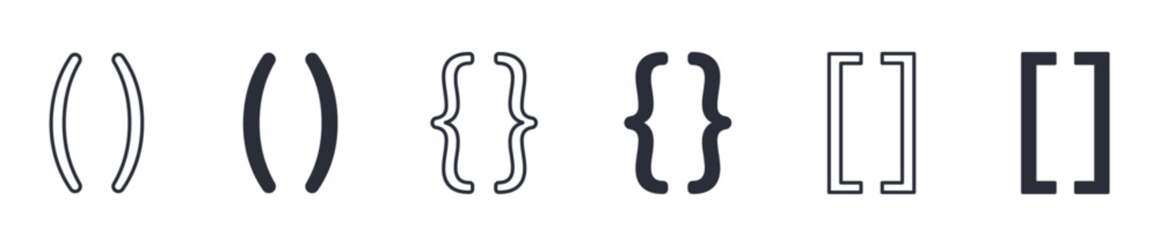 Brackets icon set, parentheses curly braces square brackets code symbol, outline and solid style. Vector illustration.