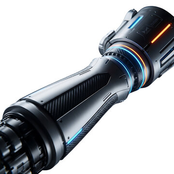 A sleek and futuristic lightsaber hilt with glowing blue and orange lights on a black background